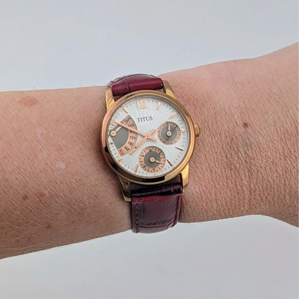 Titus Retrograde Multifunction Rose Gold Burgundy Leather Women's Watch 29mm